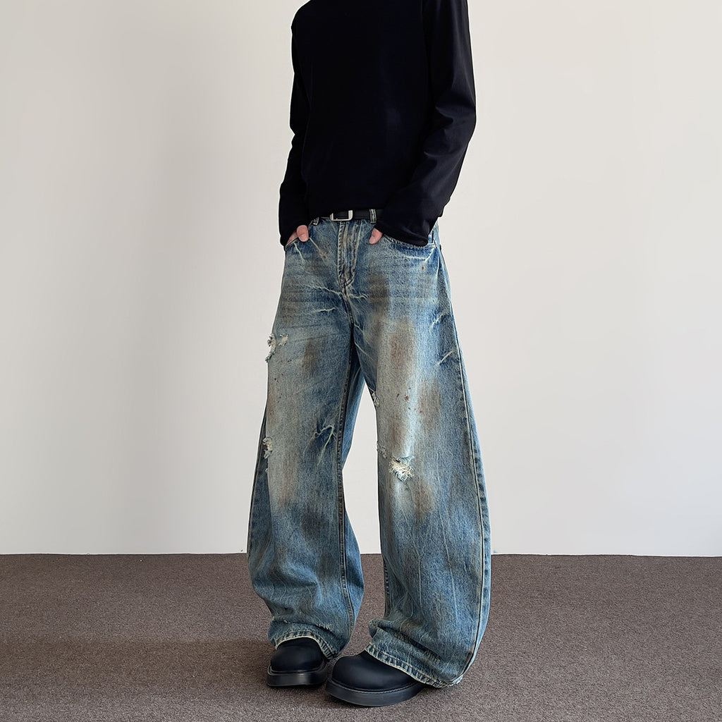 Distressed Ripped Knife-Edge - Denim Pants - Slightly Flared Trousers