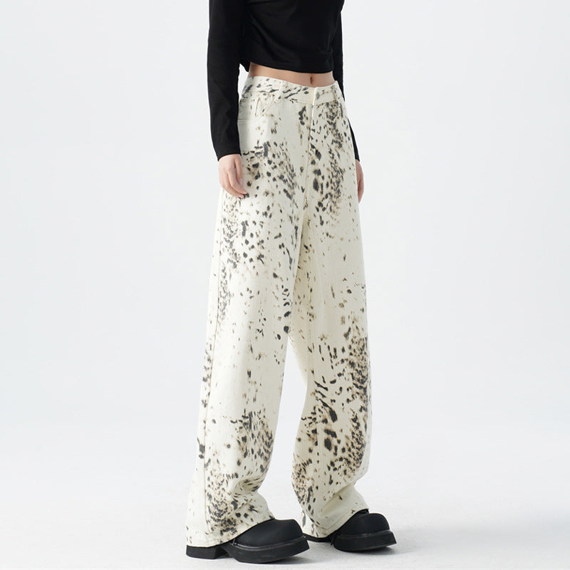 Leopard Print -  Denim Jeans  - Wide Leg  - Floor-Length Loose Jeans
