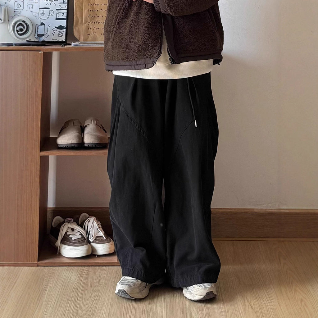 Cotton Loose - Pleated Drape Wide Leg - Elastic Waist - Cargo Long Pants