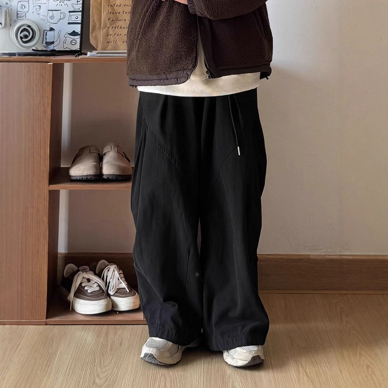 Cotton Loose - Pleated Drape Wide Leg - Elastic Waist - Cargo Long Pants