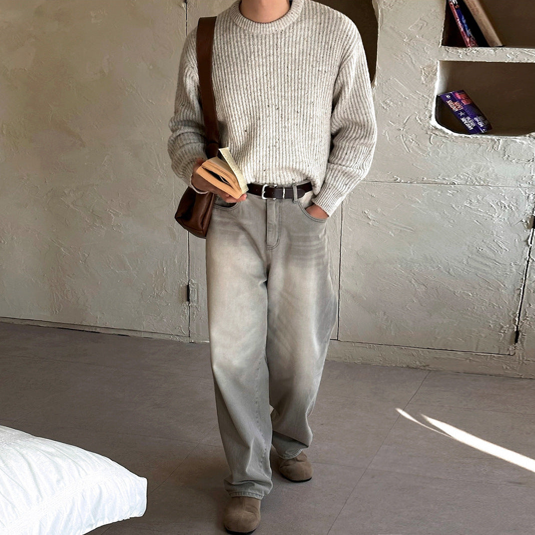 Vintage Washed Distressed Denim Pants  - Loose Straight Leg -  Commute Floor-Length Pants