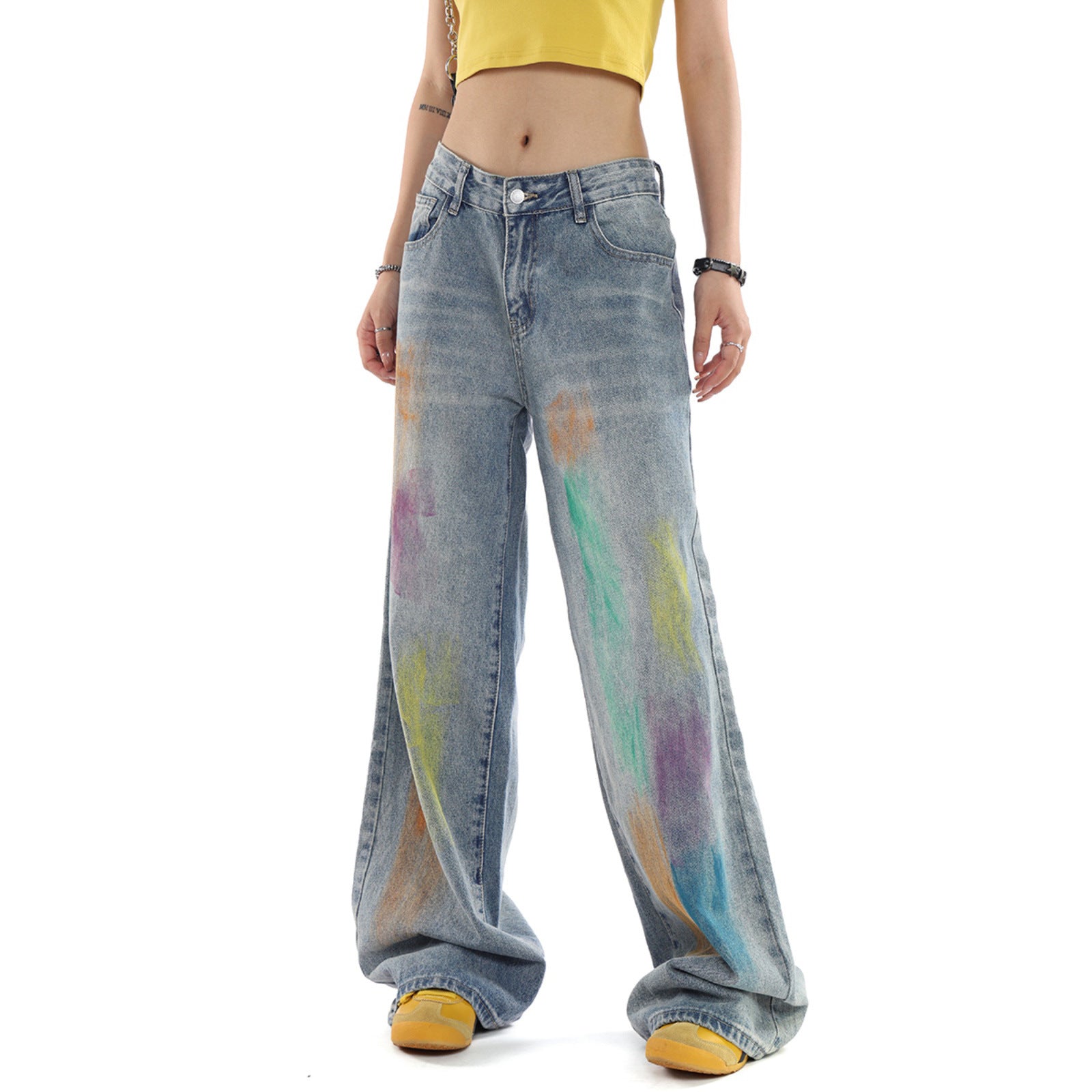 Rainbow Graffiti Denim Jeans  - Washed Distressed  - Loose Leg -  Floor-Length Jeans