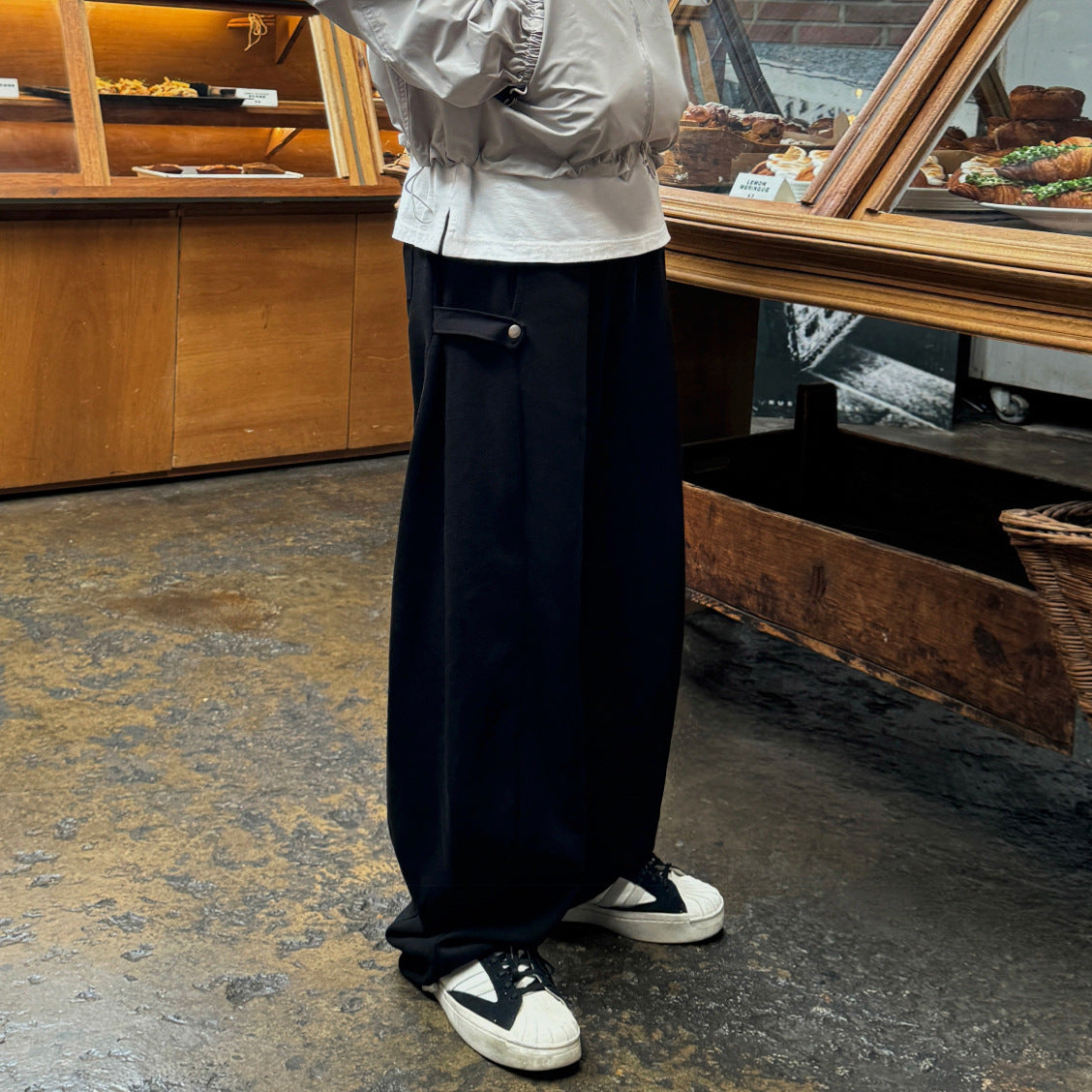 Drop-Crotch  - Gray Casual Trousers - Long Pants  - Commuter Wide-Leg