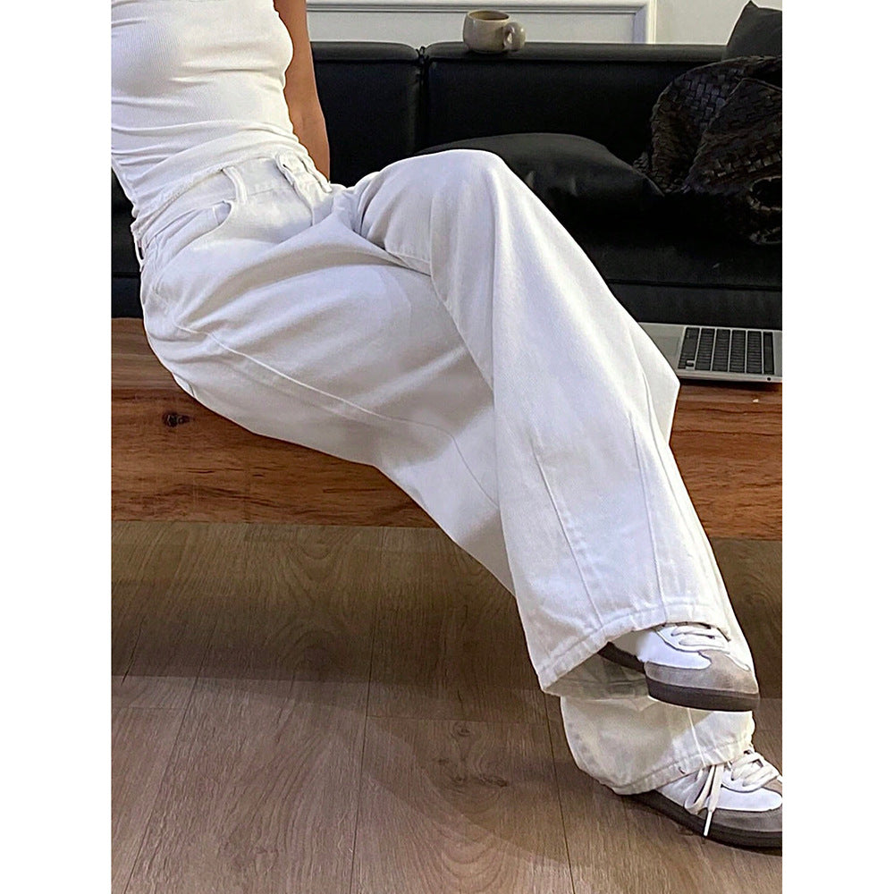 High-End Denim Pants  -  Straight Leg Floor-Length -  Versatile Wide-Leg