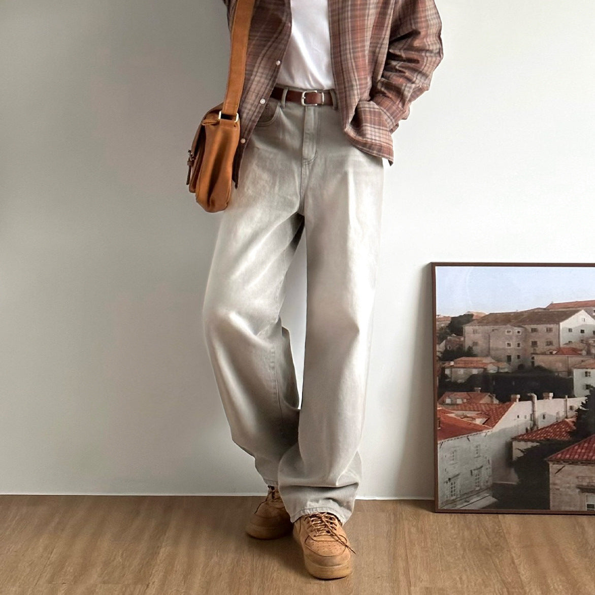 Vintage Washed Distressed Denim Pants  - Loose Straight Leg -  Commute Floor-Length Pants