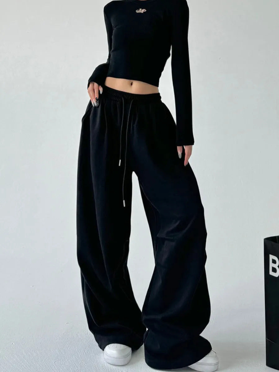Tied - Sweatpants  - Loose High-Waisted - Wide-Leg Floor-Length Pants