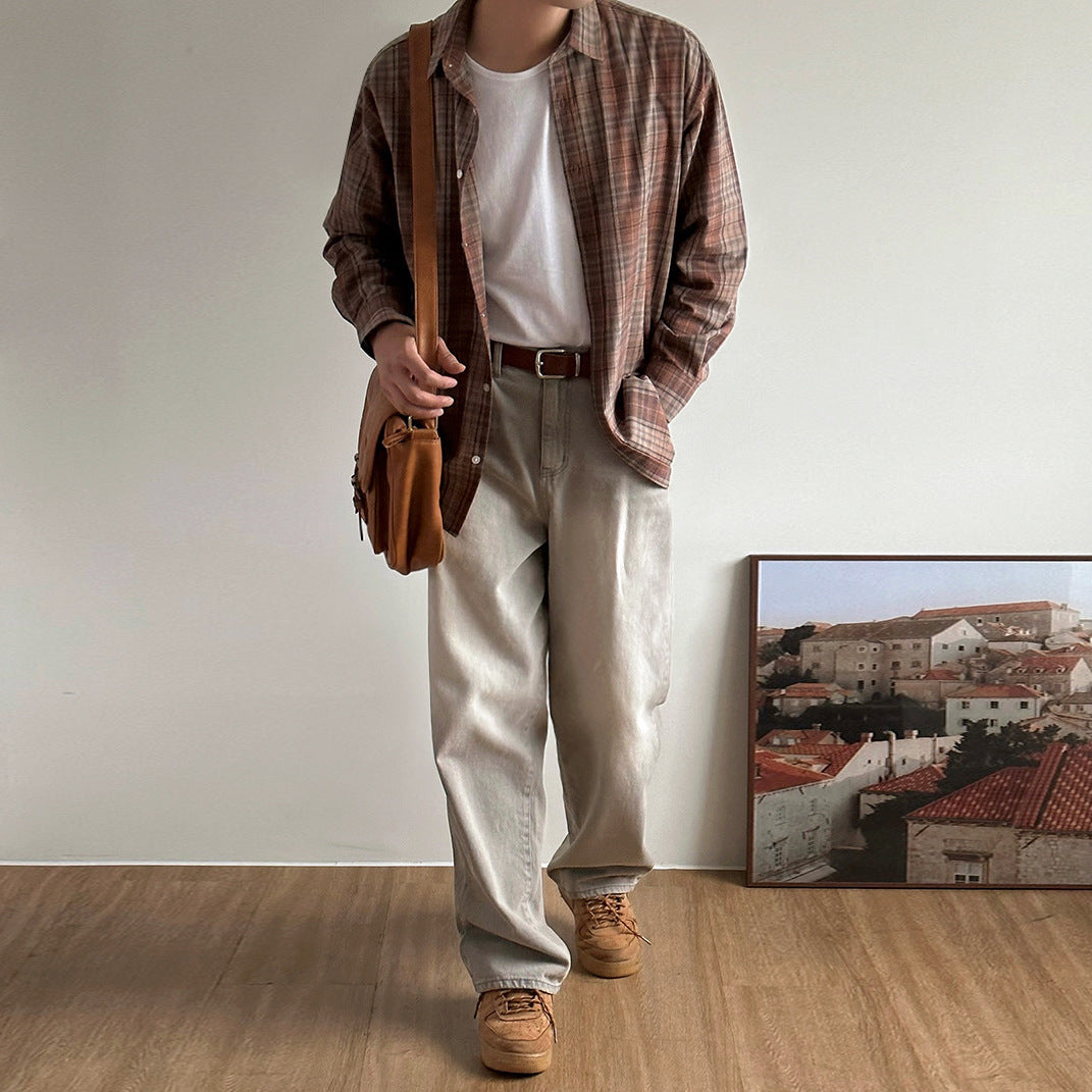 Vintage Washed Distressed Denim Pants  - Loose Straight Leg -  Commute Floor-Length Pants