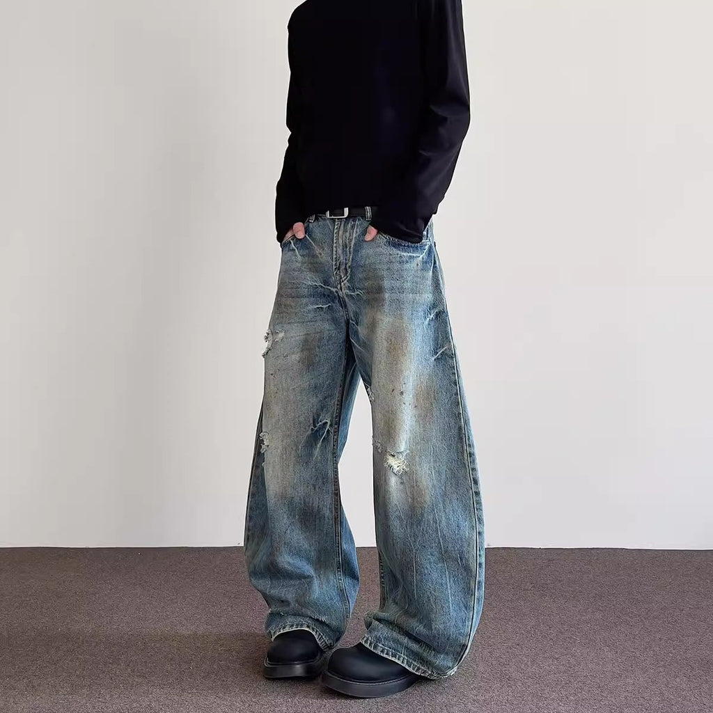 Distressed Ripped Knife-Edge - Denim Pants - Slightly Flared Trousers