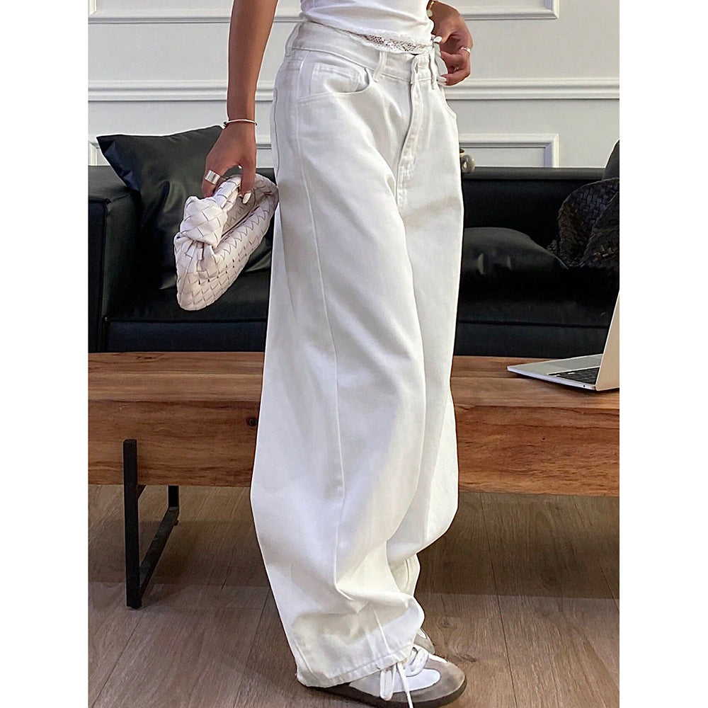 High-End Denim Pants  -  Straight Leg Floor-Length -  Versatile Wide-Leg