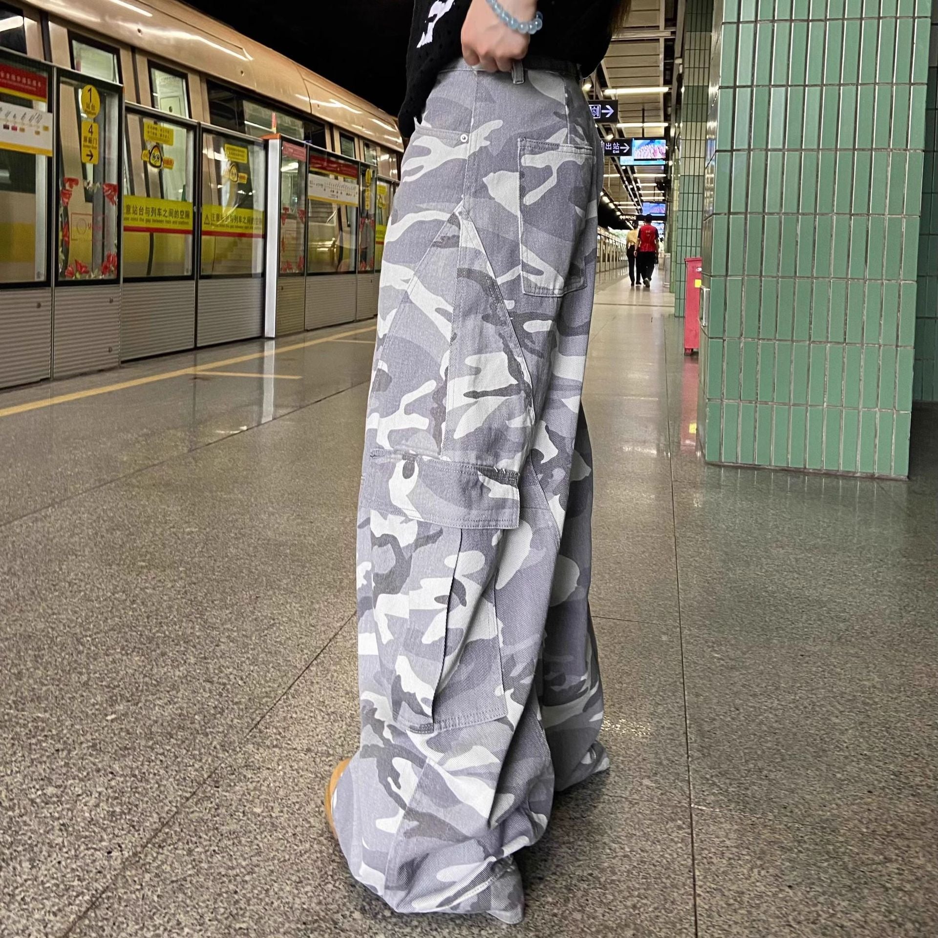 Camouflage Washed  - Wide-Leg Knife-Edge - Cargo Jeans - Loose  Leg Long Pants