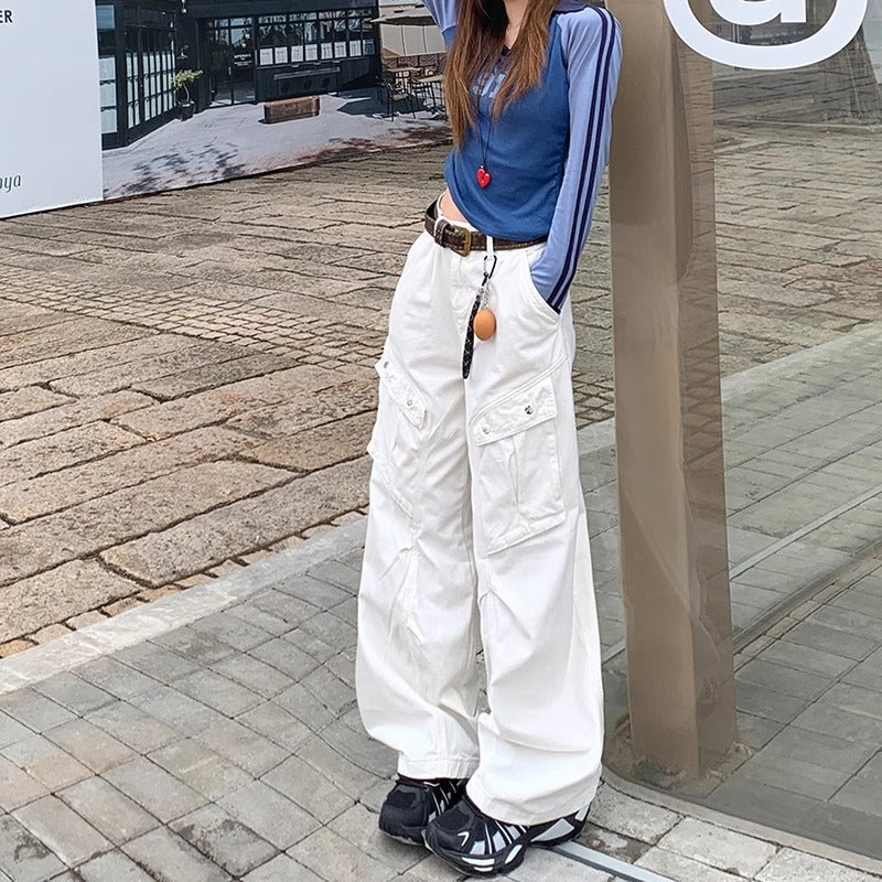 Denim Cargo- High Waist  - Multi-pocket- Wide Leg Long Pants