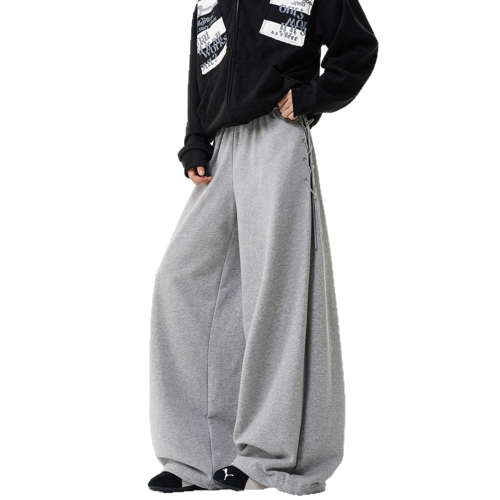 Retro Pleated Tie-Waist Sweatpants – Loose Wide-Leg Casual Fit