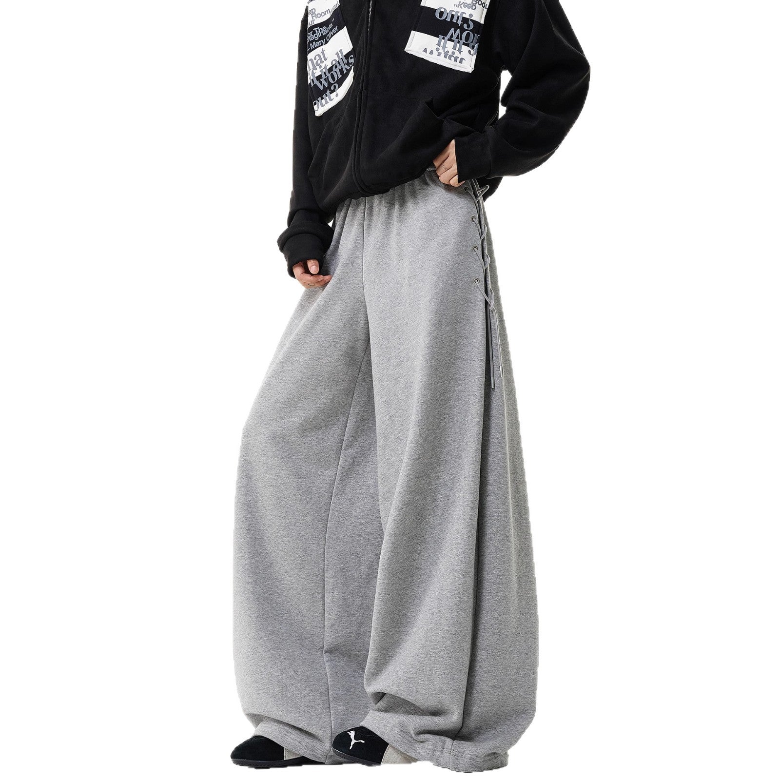 Retro Pleated Tie-Waist Sweatpants – Loose Wide-Leg Casual Fit