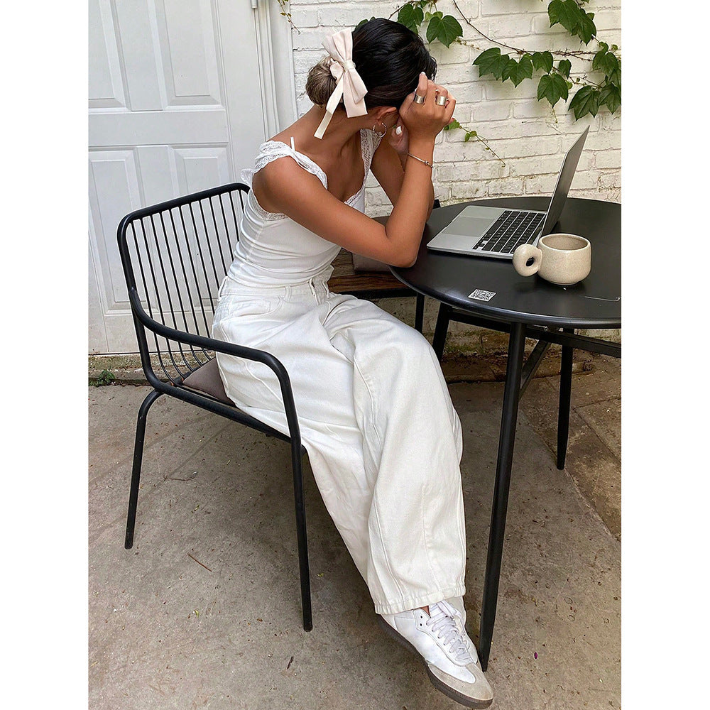 High-End Denim Pants  -  Straight Leg Floor-Length -  Versatile Wide-Leg