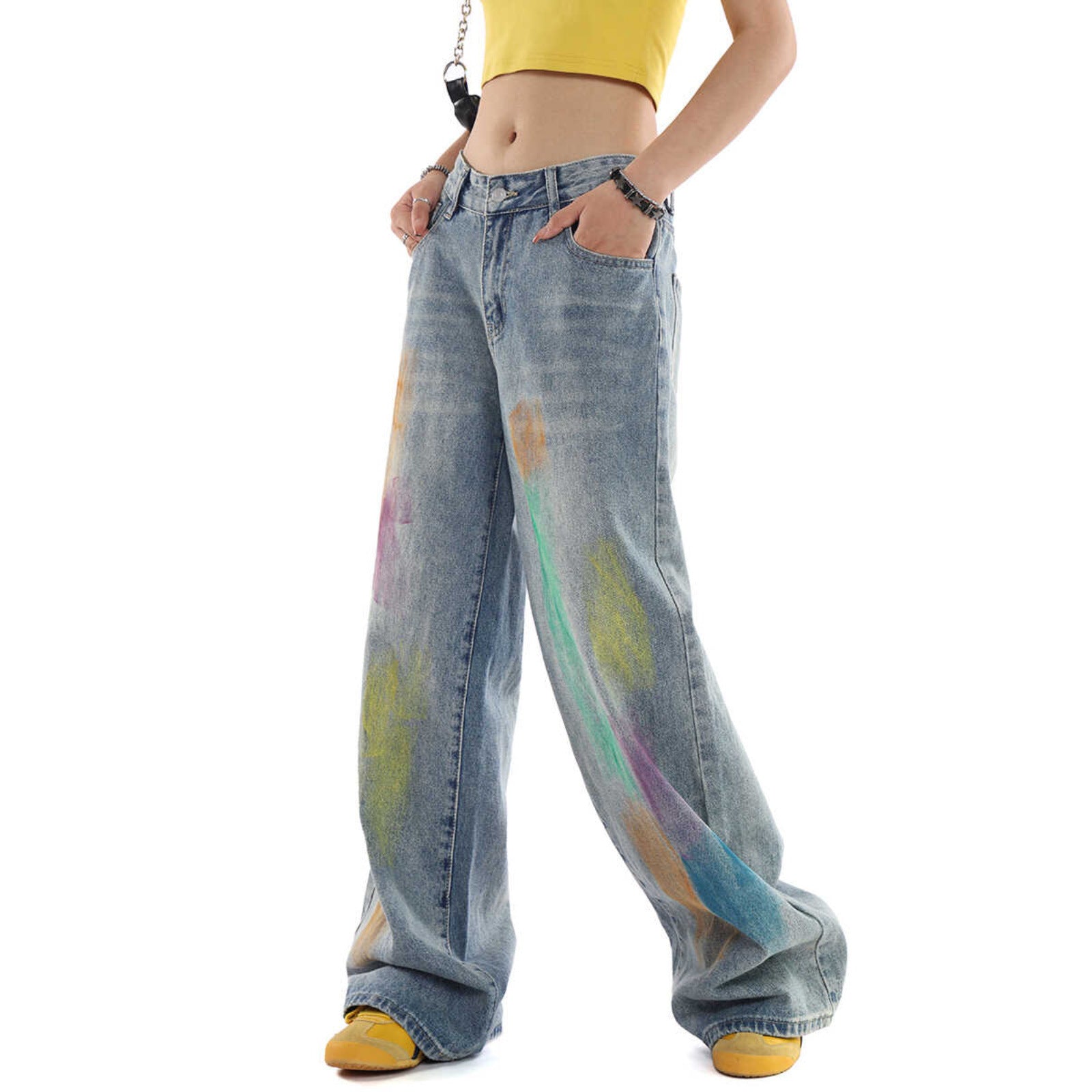 Rainbow Graffiti Denim Jeans  - Washed Distressed  - Loose Leg -  Floor-Length Jeans