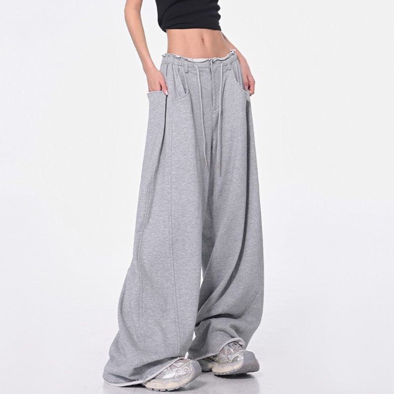 Drawstring  - Loose Wide Leg  - Sweatpants -  High Waist -  Floor-Length Trousers