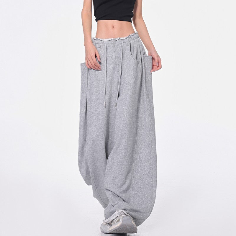 Drawstring  - Loose Wide Leg  - Sweatpants -  High Waist -  Floor-Length Trousers