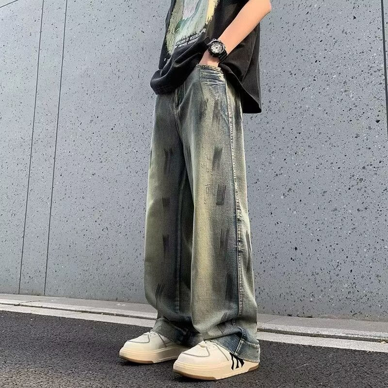 Washed Distressed  - Wide Leg Jeans - Loose  Long Pants