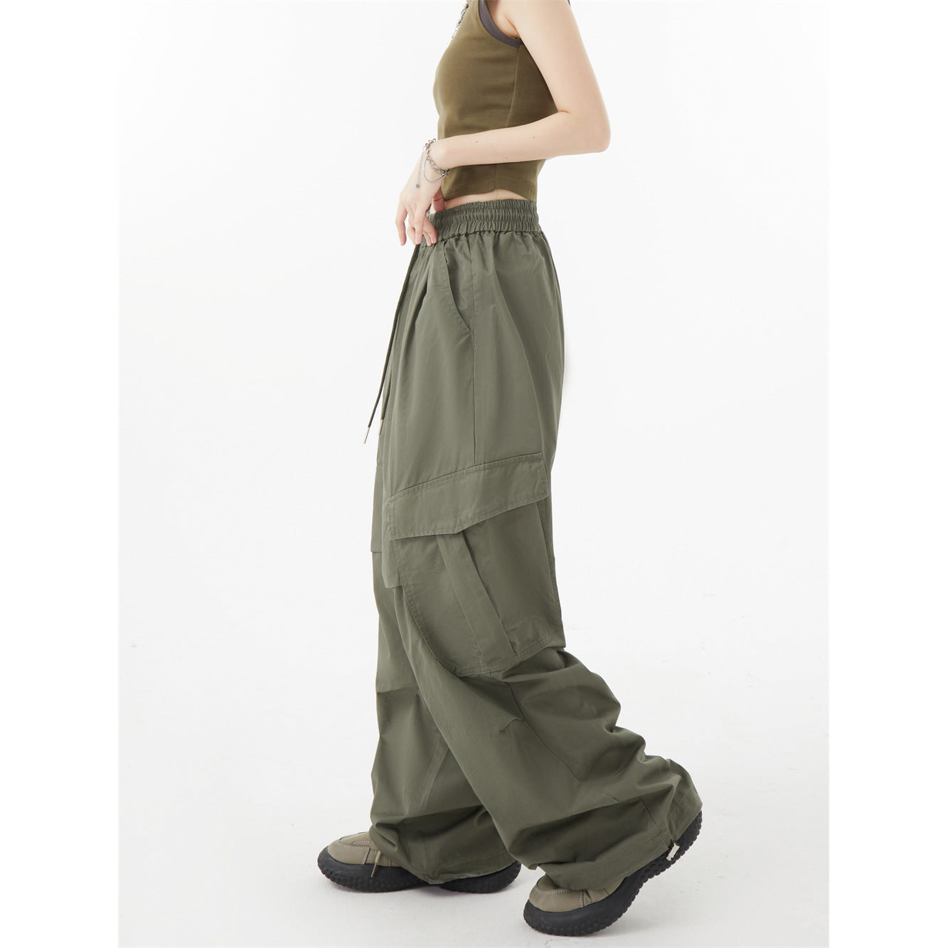 Pleated Cargo Pants - Loose Wide Leg  -  Long Pants