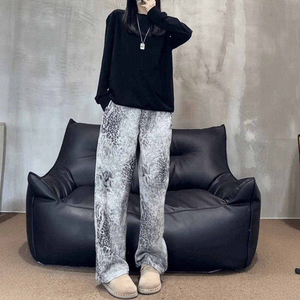Vintage Leopard Print Sweatpants –  Loose Straight-Leg Pants