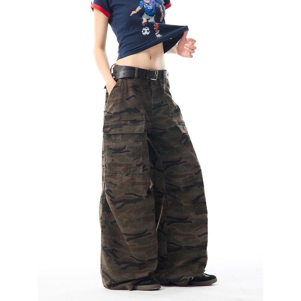 Vintage Camouflage  - Cargo Denim Pants  - Loose Multi-Pocket  - Versatile Wide Leg