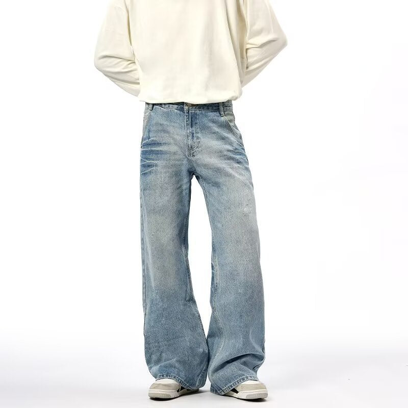 Washed Distressed  - Blue Denim Jeans - Wide Leg Jeans