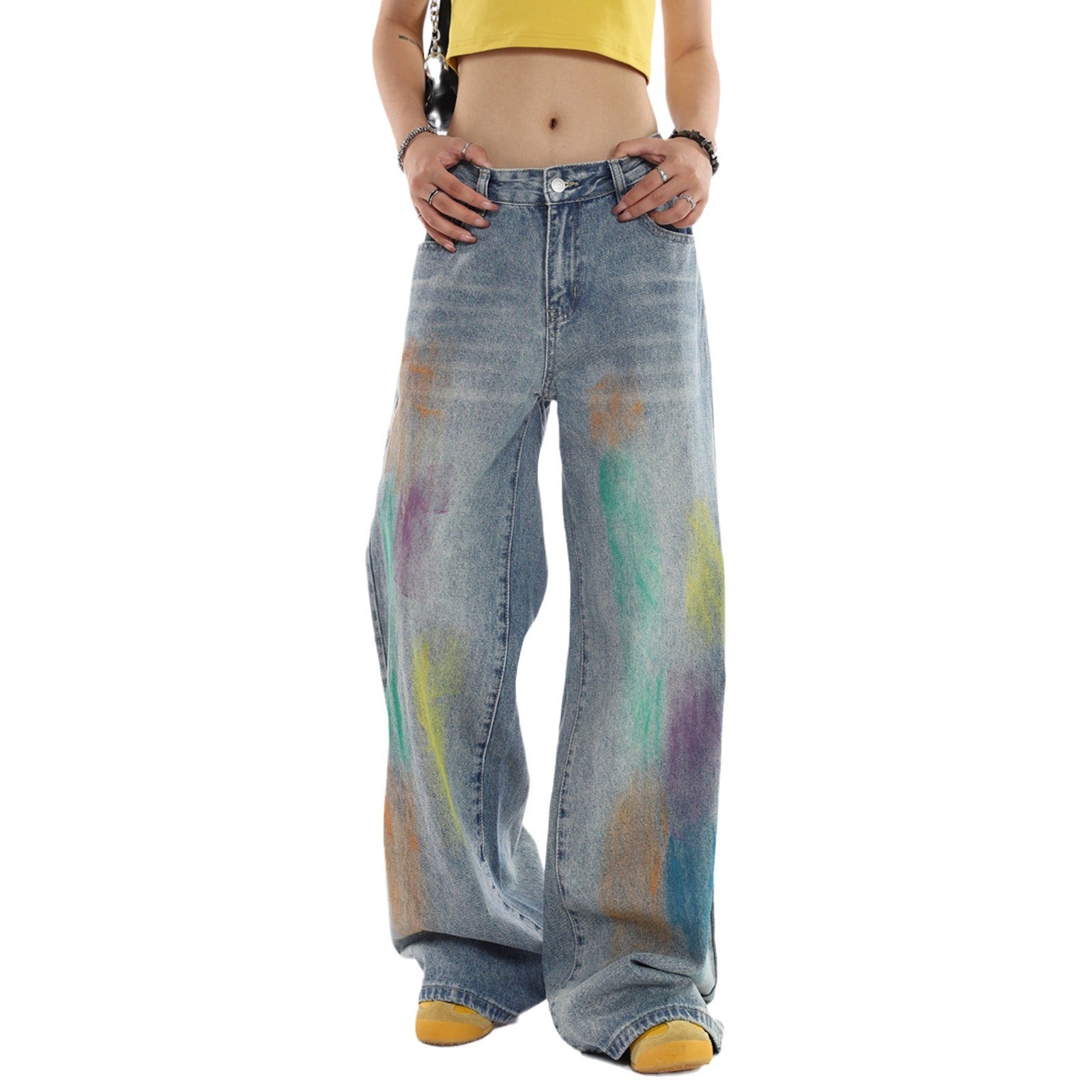 Rainbow Graffiti Denim Jeans  - Washed Distressed  - Loose Leg -  Floor-Length Jeans