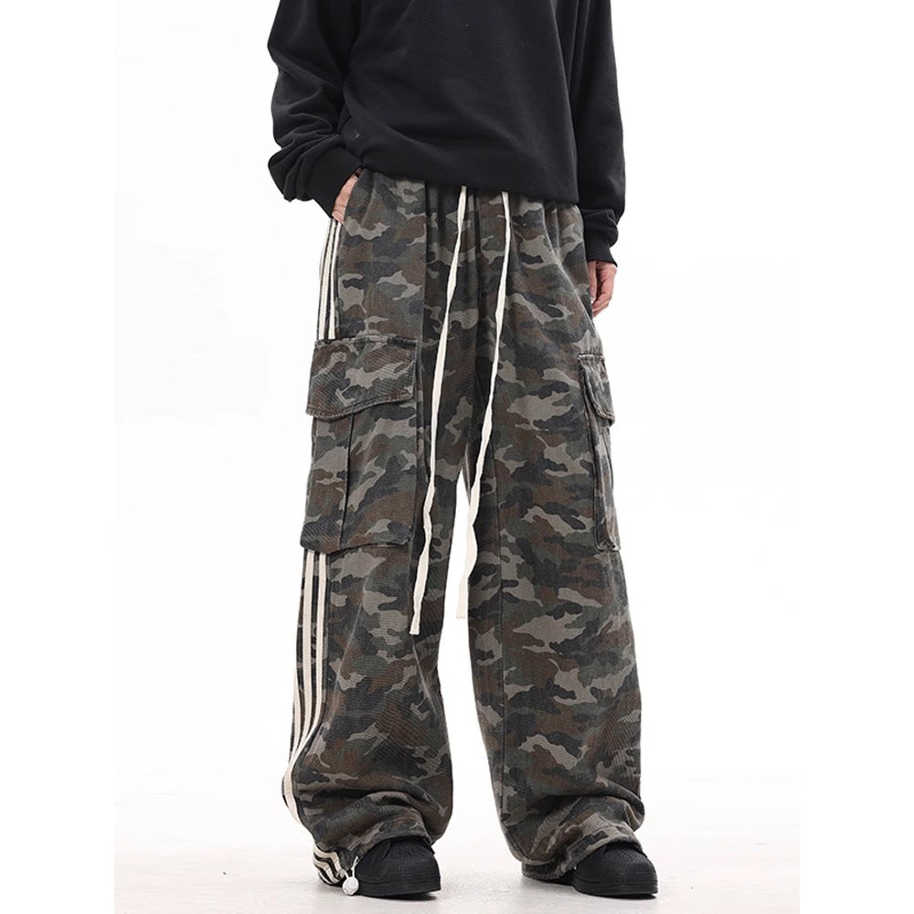 Leg Stripe - Camouflage Cargo Casual Pants - Large Pockets - Loose Wide Leg