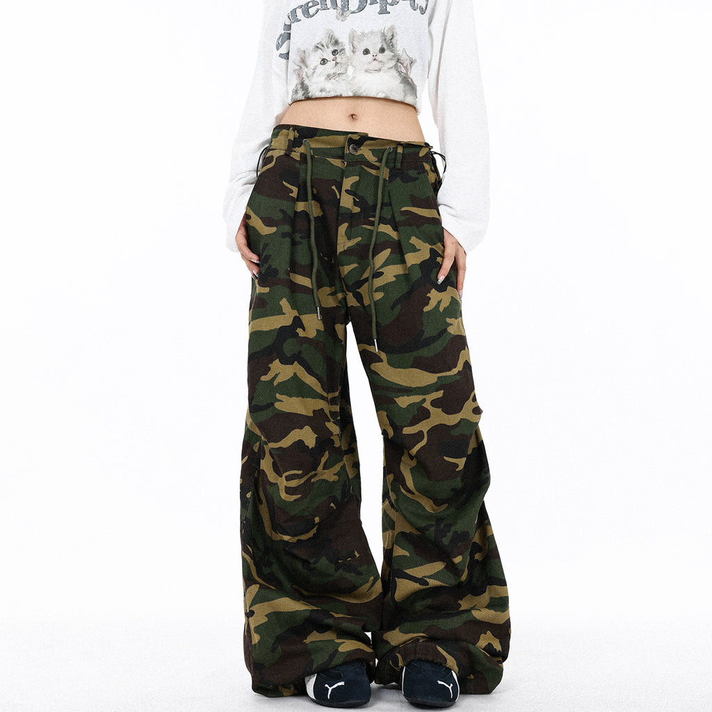 Pleated Drawstring  - Camouflage Cargo Casual Pants  - Loose Wide Leg