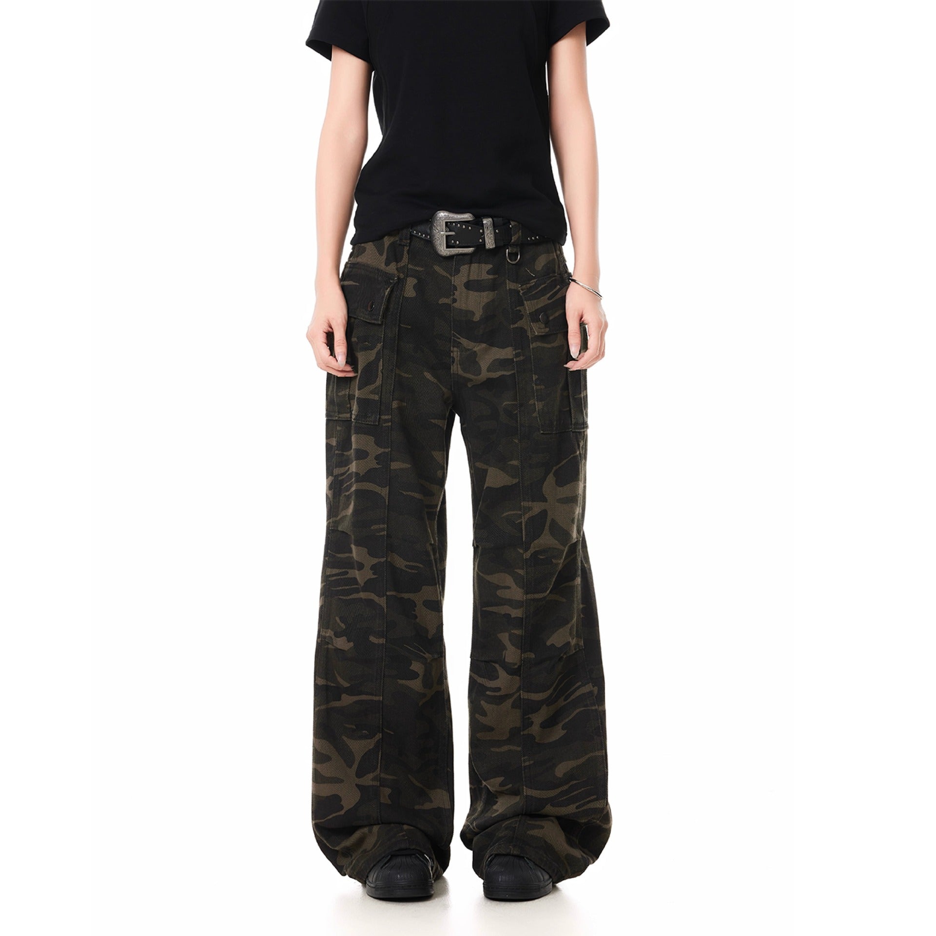Pleated Camouflage - Cargo Denim Pants - Loose Straight Leg Long Pants