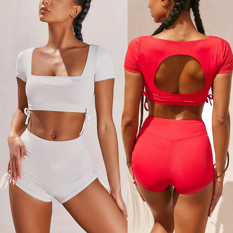 New Square Neck Open Back Sexy Tight Shorts Suit Sports Women's T-Shirt 2 Piece Set