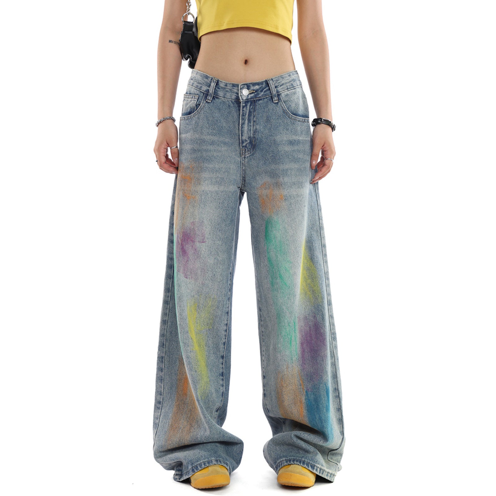 Rainbow Graffiti Denim Jeans  - Washed Distressed  - Loose Leg -  Floor-Length Jeans