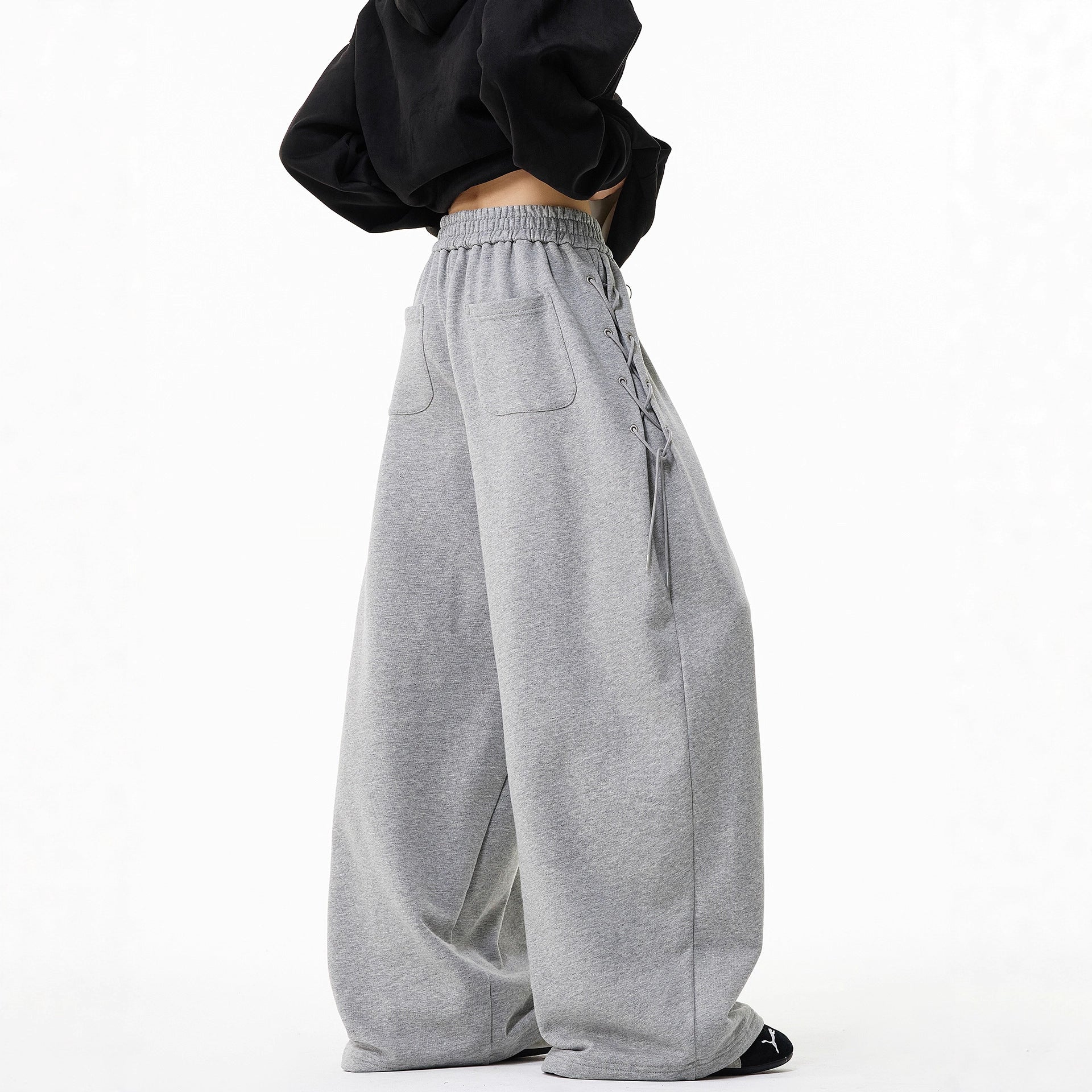 Retro Pleated Tie-Waist Sweatpants – Loose Wide-Leg Casual Fit
