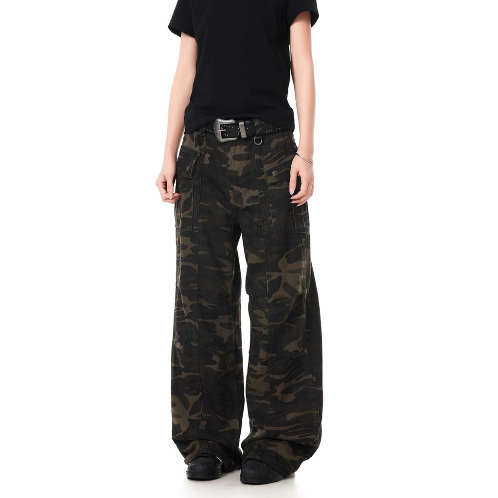 Pleated Camouflage - Cargo Denim Pants - Loose Straight Leg Long Pants