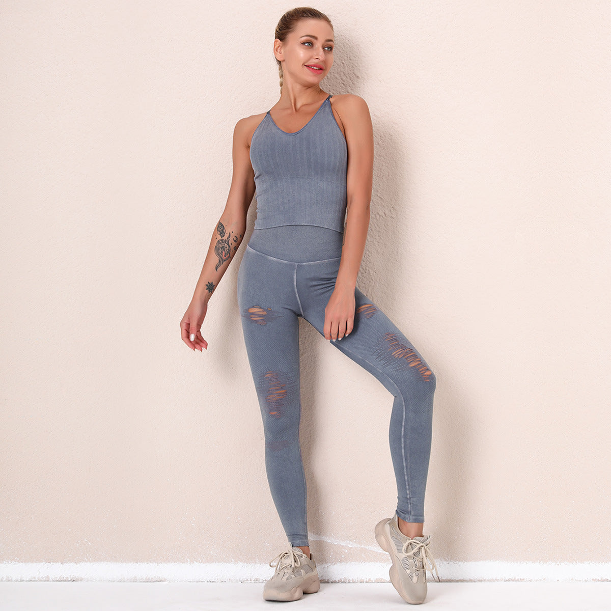 2 Piece Set Of Washed Seamless Yoga Clothes Knitted Running Fitness Solid Color Hip Lifting Hole Yoga Pants Women's Suit
