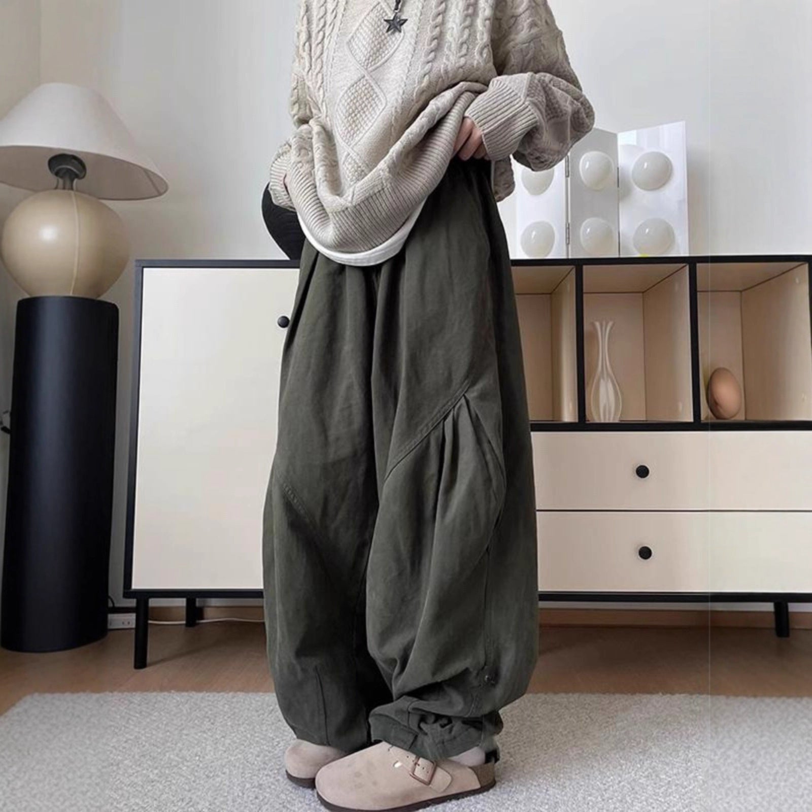 Cotton Loose - Pleated Drape Wide Leg - Elastic Waist - Cargo Long Pants