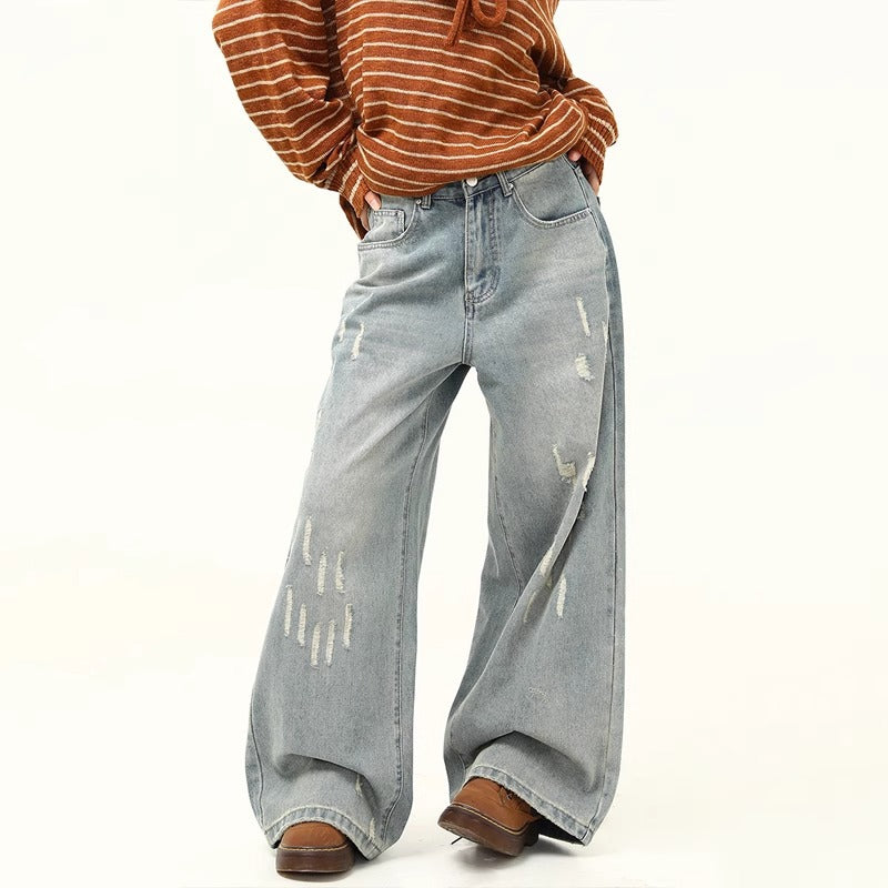 Distressed Ripped Design  - Denim Pants - Loose Wide Leg  - Floor-Length Dad Pants