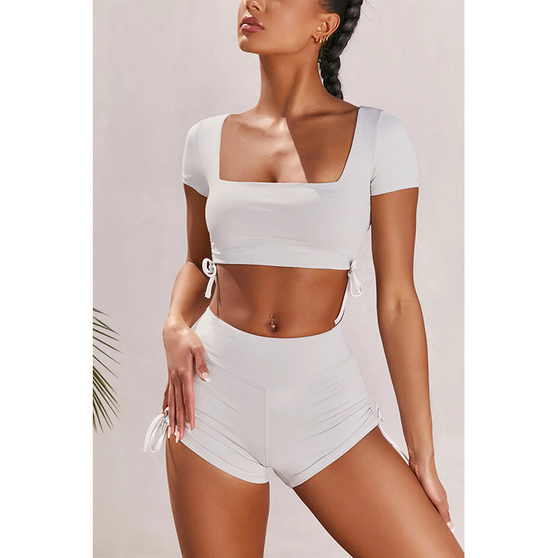New Square Neck Open Back Sexy Tight Shorts Suit Sports Women's T-Shirt 2 Piece Set