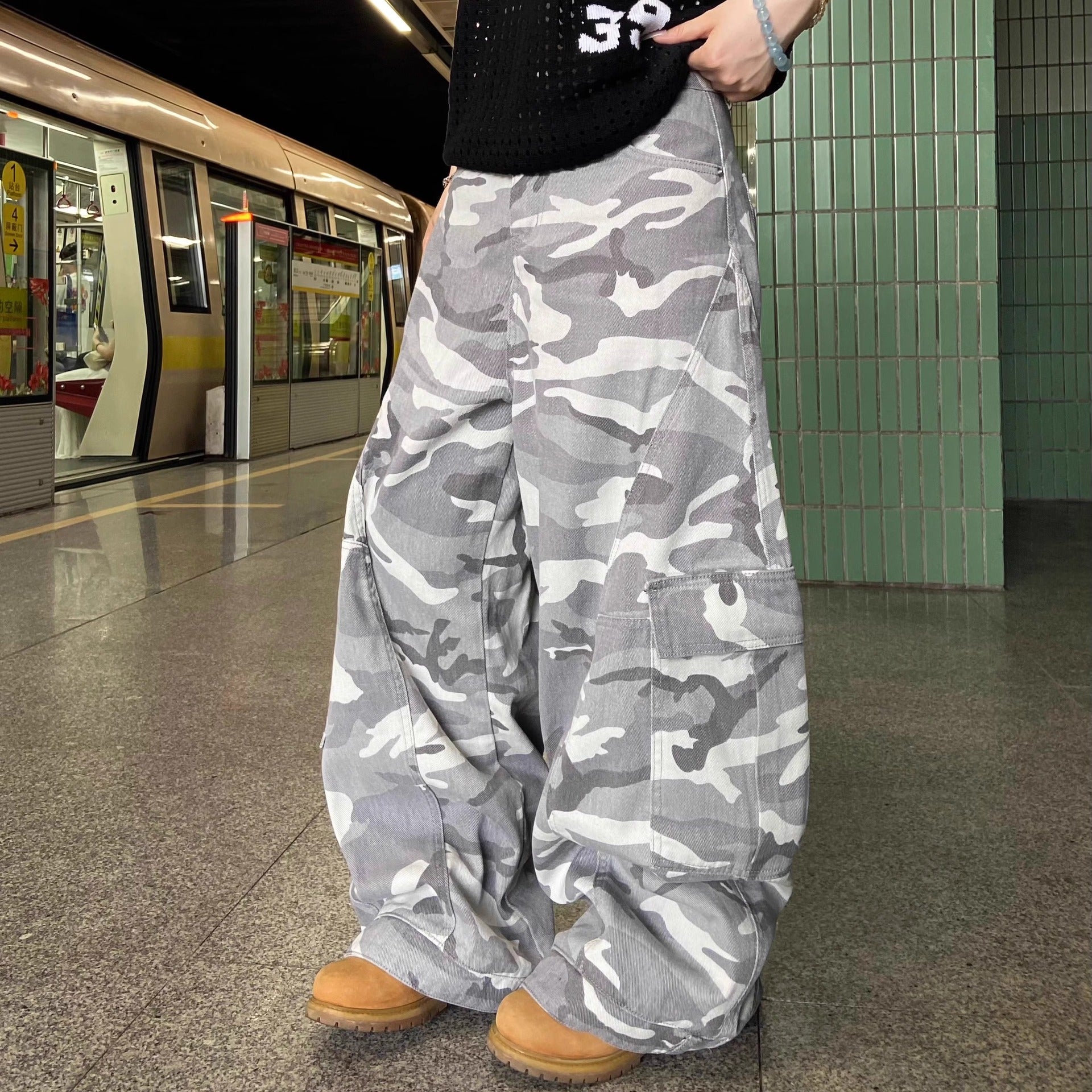 Camouflage Washed  - Wide-Leg Knife-Edge - Cargo Jeans - Loose  Leg Long Pants