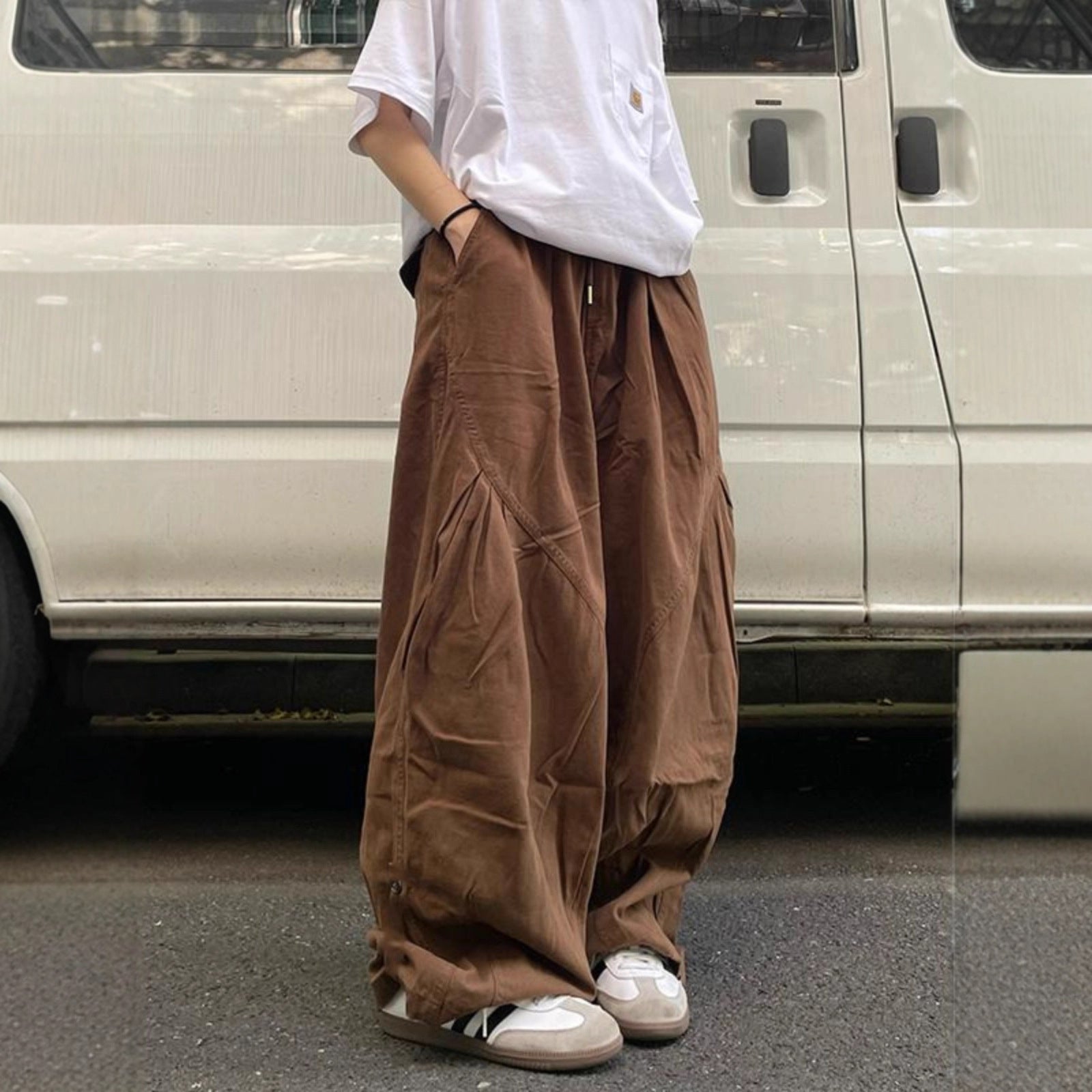 Cotton Loose - Pleated Drape Wide Leg - Elastic Waist - Cargo Long Pants