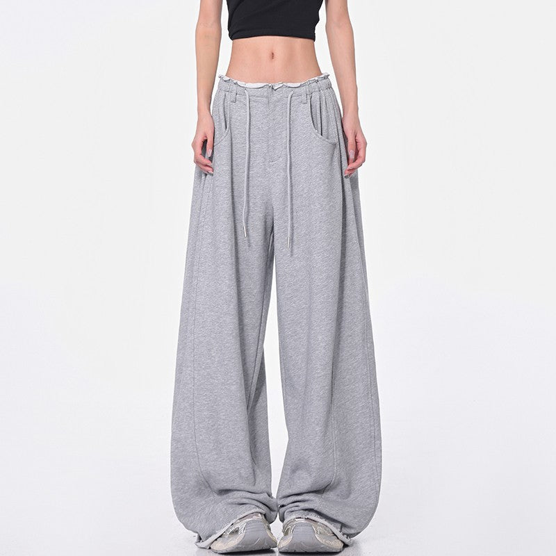 Drawstring  - Loose Wide Leg  - Sweatpants -  High Waist -  Floor-Length Trousers