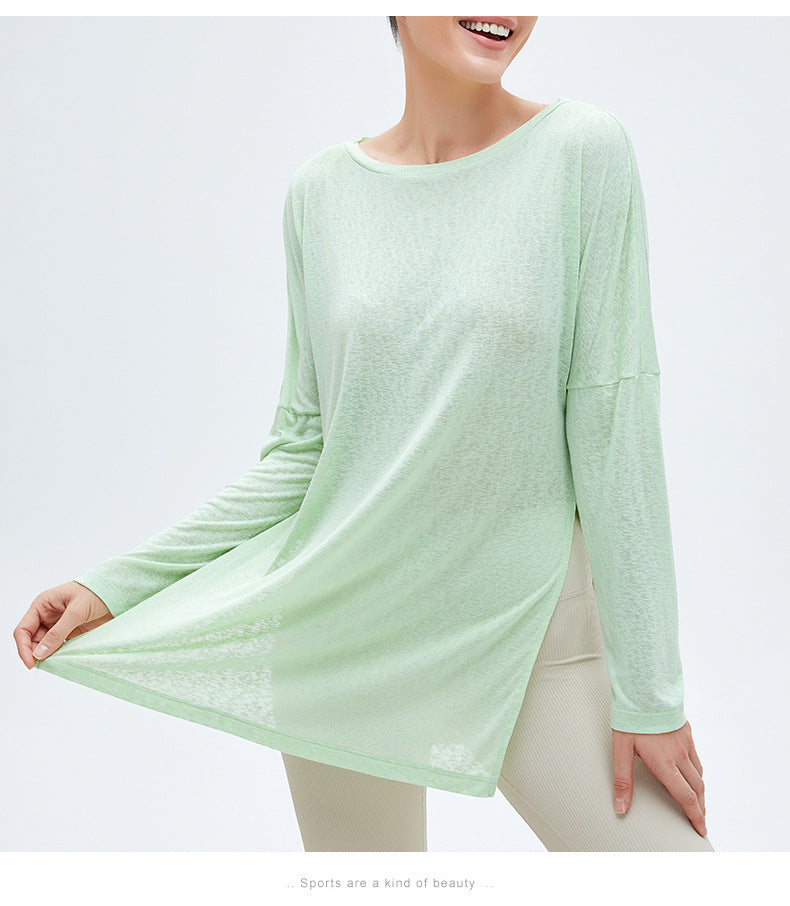 New Light And Thin Fast Drying Sunscreen Sports Blouse Loose Fitness Top Double Side Split Breathable Long Sleeve Yoga Clothes For Women