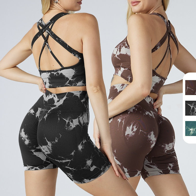 Summer Tie Dye Yoga Suit Set Honey Peach Hip Lifting Fitness Pants Women's Running Sports Tight Shorts