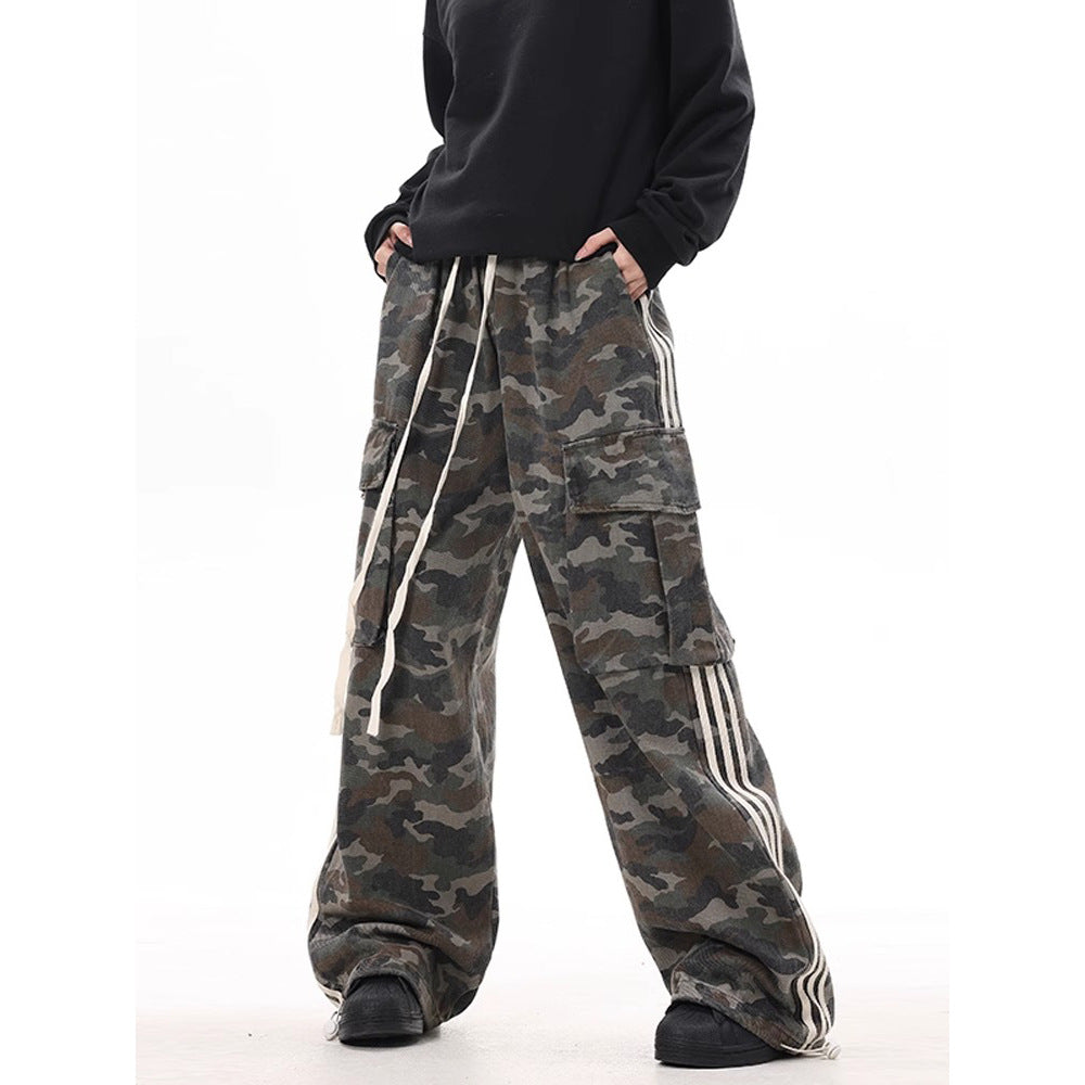 Leg Stripe - Camouflage Cargo Casual Pants - Large Pockets - Loose Wide Leg