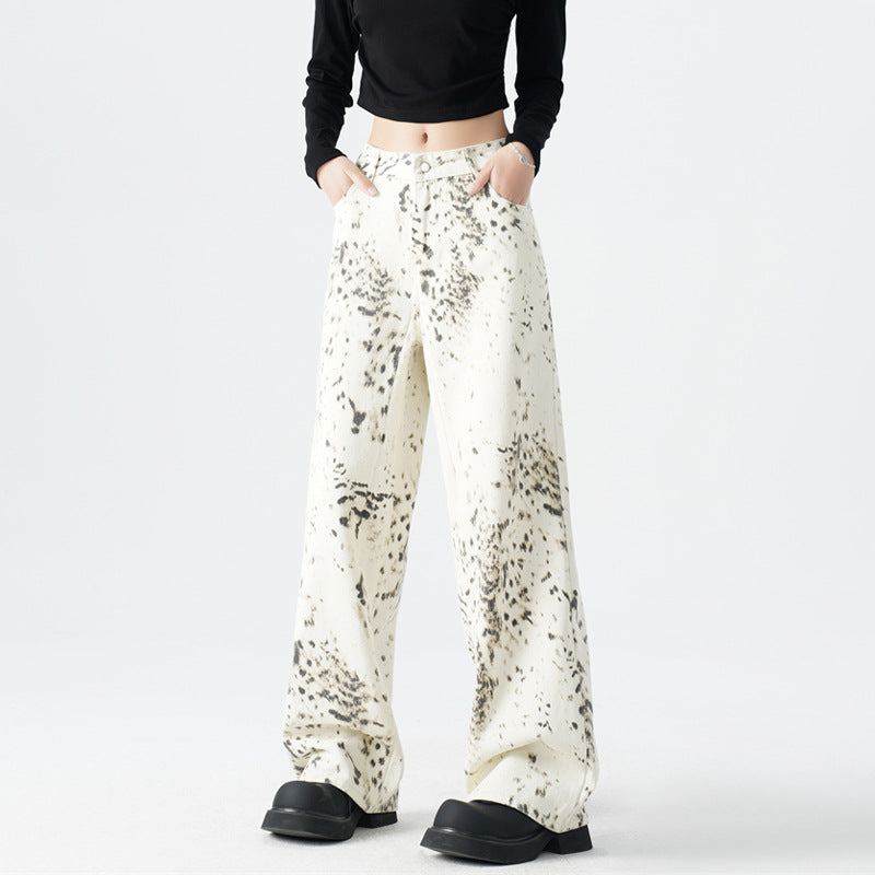 Leopard Print -  Denim Jeans  - Wide Leg  - Floor-Length Loose Jeans