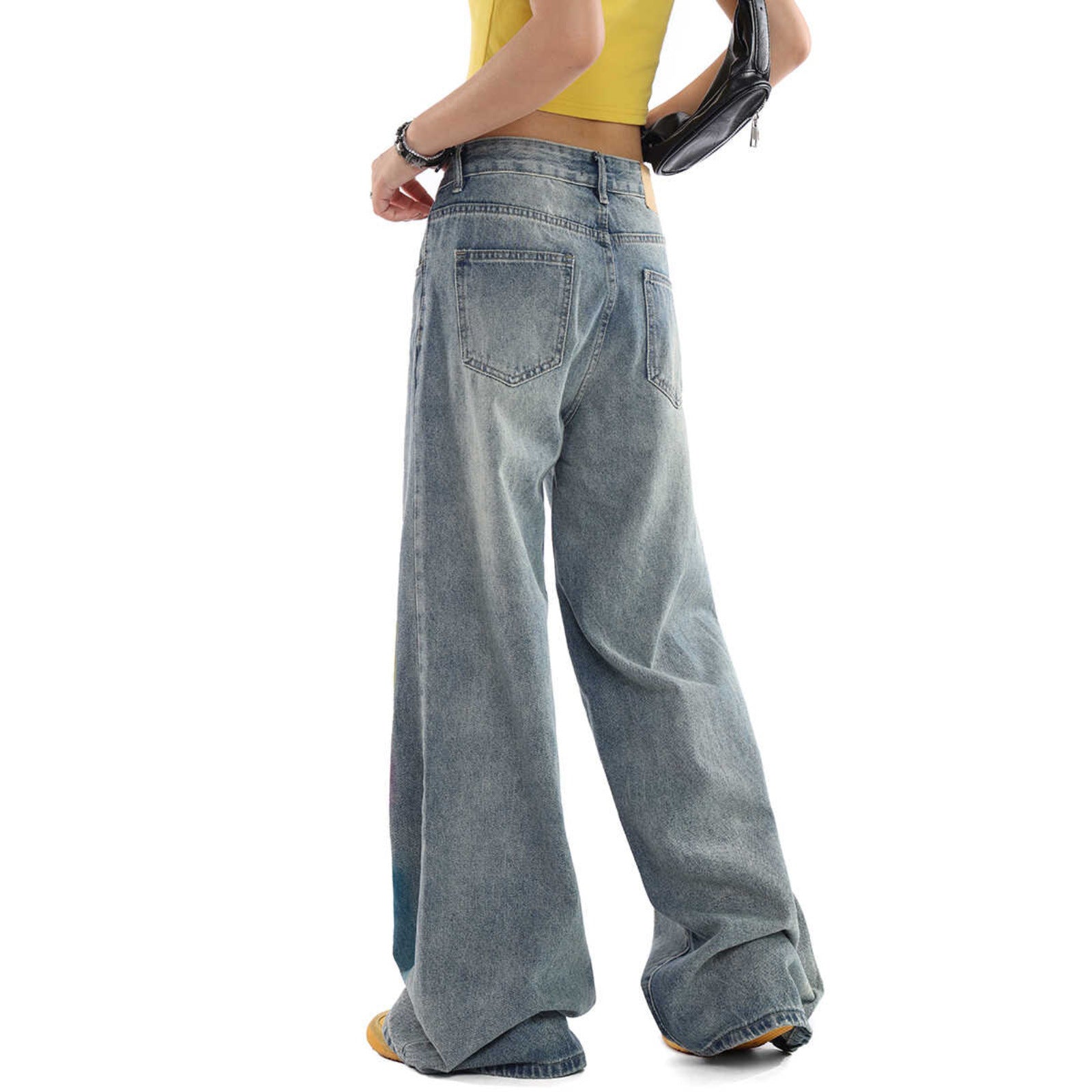 Rainbow Graffiti Denim Jeans  - Washed Distressed  - Loose Leg -  Floor-Length Jeans