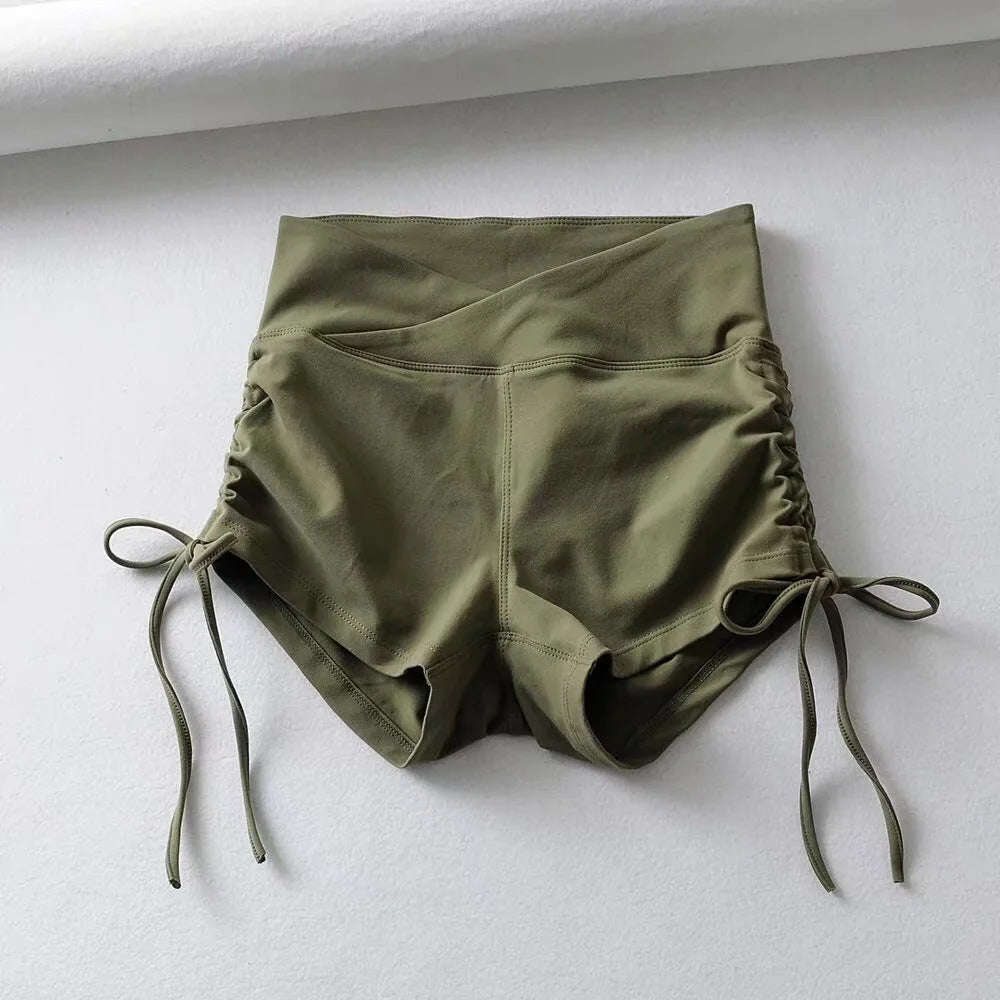 Women's Hot Style Side Drawstring Yoga Shorts Summer New Peach Hip Tight Running Sports Hot Pants