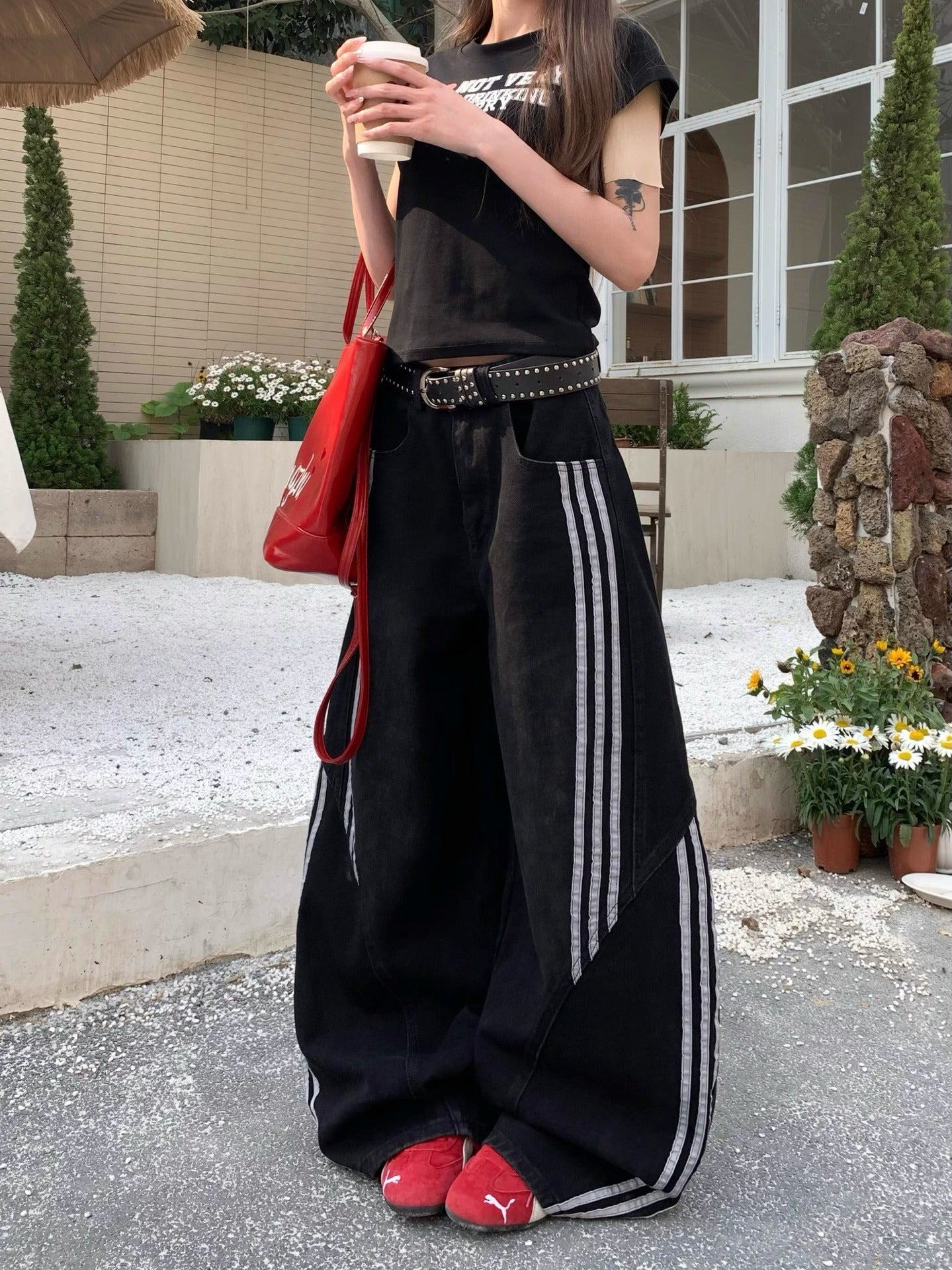 Three Stripes - Spliced Deconstructed Knife-Edge Denim Pants  - Vintage Washed Wide Leg