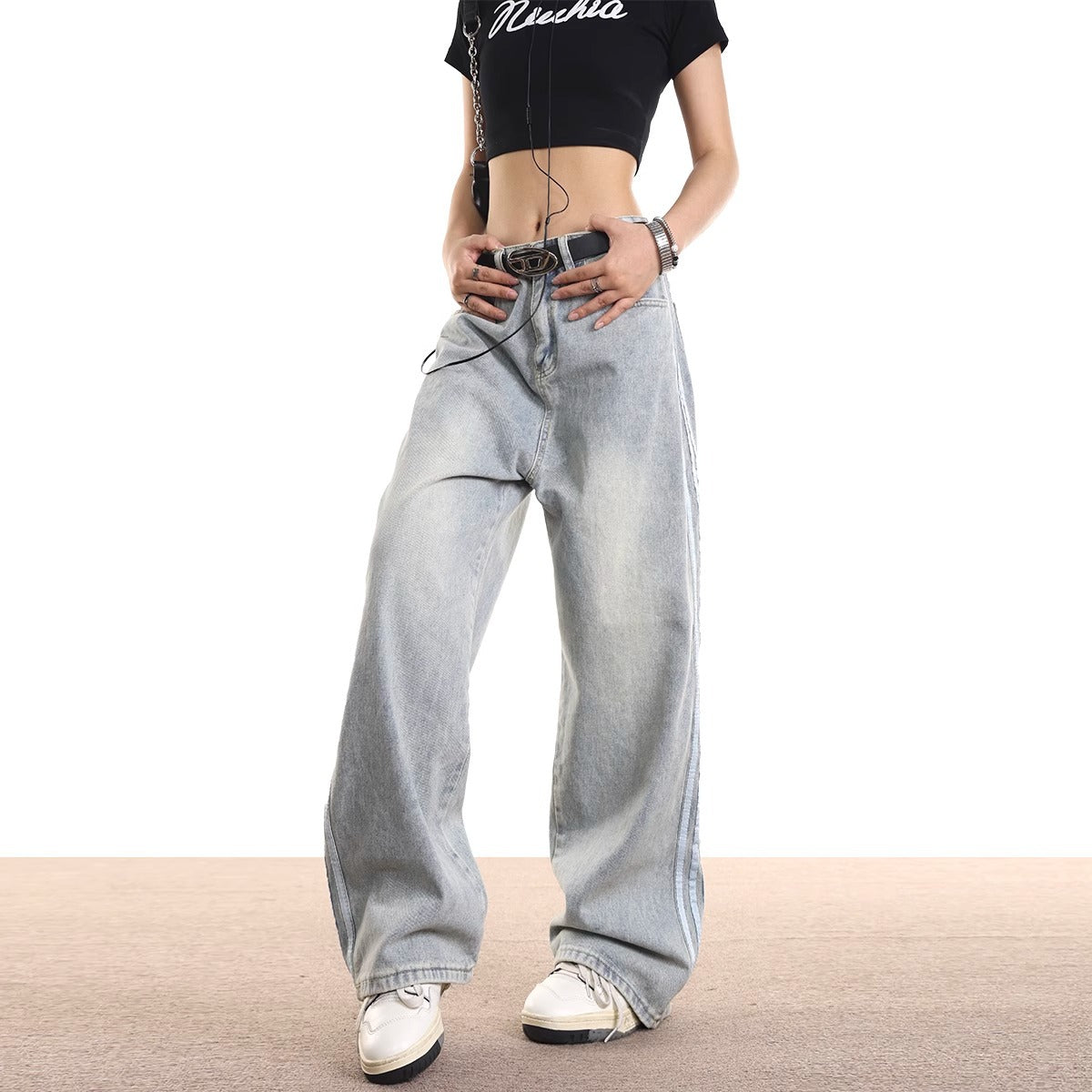 Vintage Stripe -  Denim Jeans - Loose Drape Floor-Length