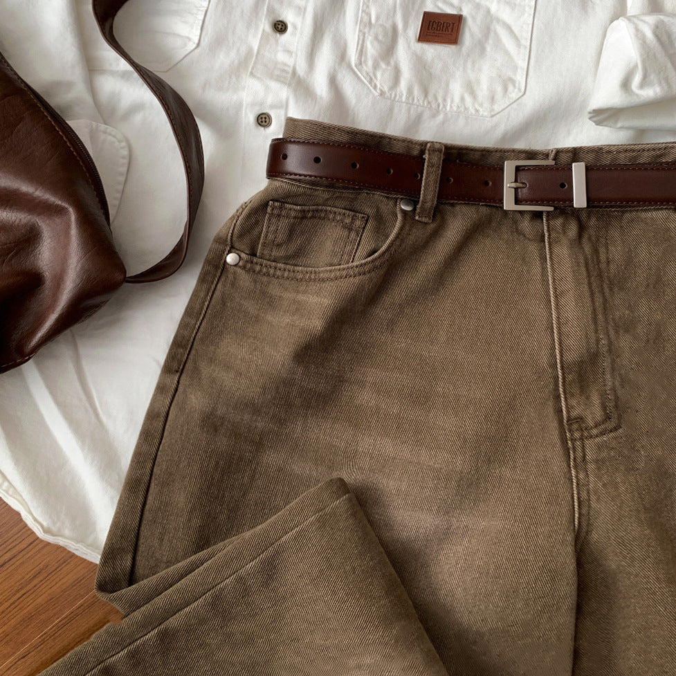 Vintage Washed Denim Pants - Loose fit - Straight Leg Long Trousers - Commuter